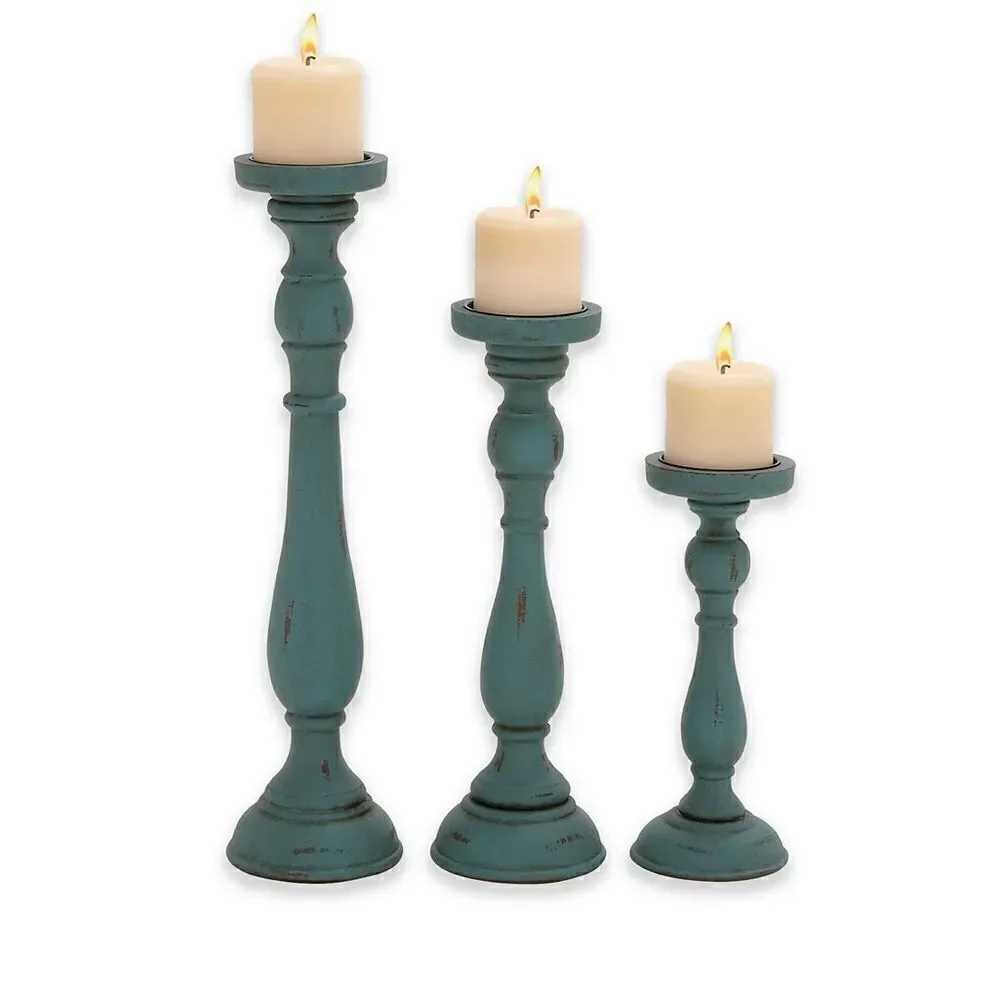 Pier 1 Imports Traditional Turquoise Wood Set of 3 Candle Holders